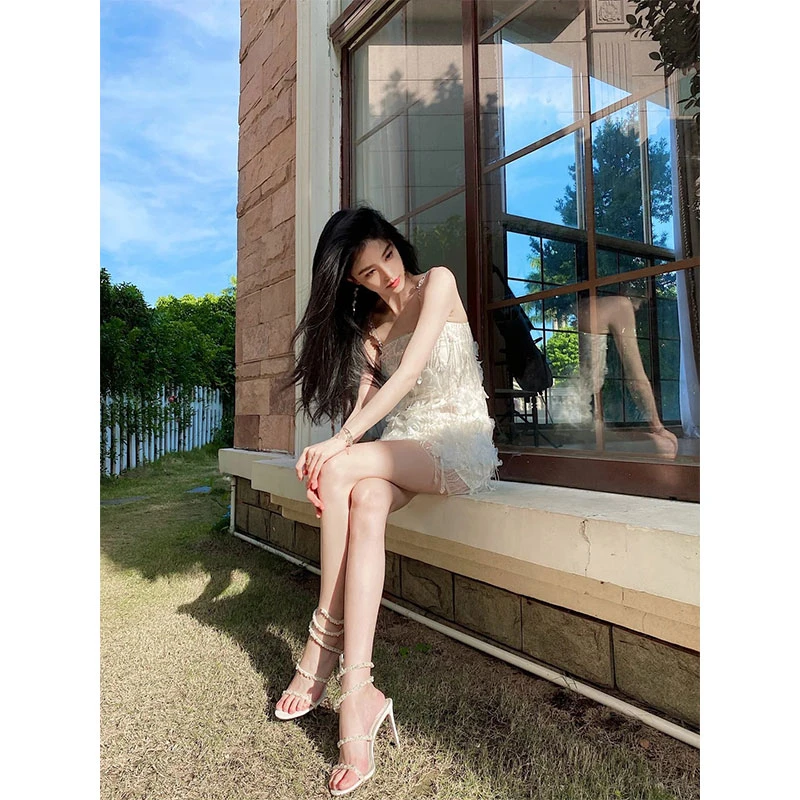 2025夏季新款时尚名媛白色重工钻链花朵手工串珠流苏吊带礼服裙子