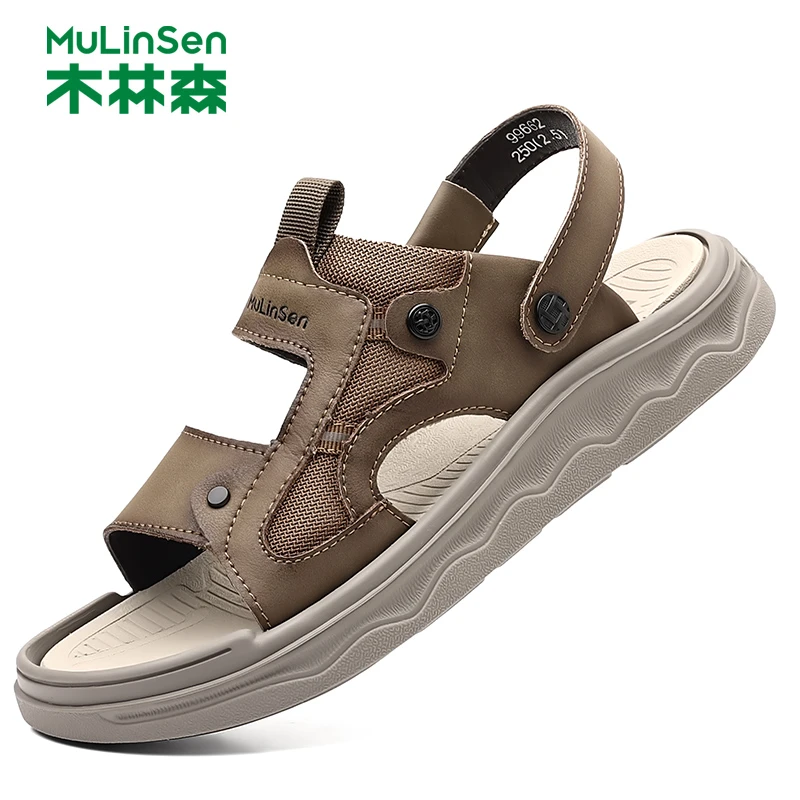 木林森凉鞋男士夏季厚底防滑沙滩鞋一脚蹬网面洞洞外穿休闲凉拖鞋