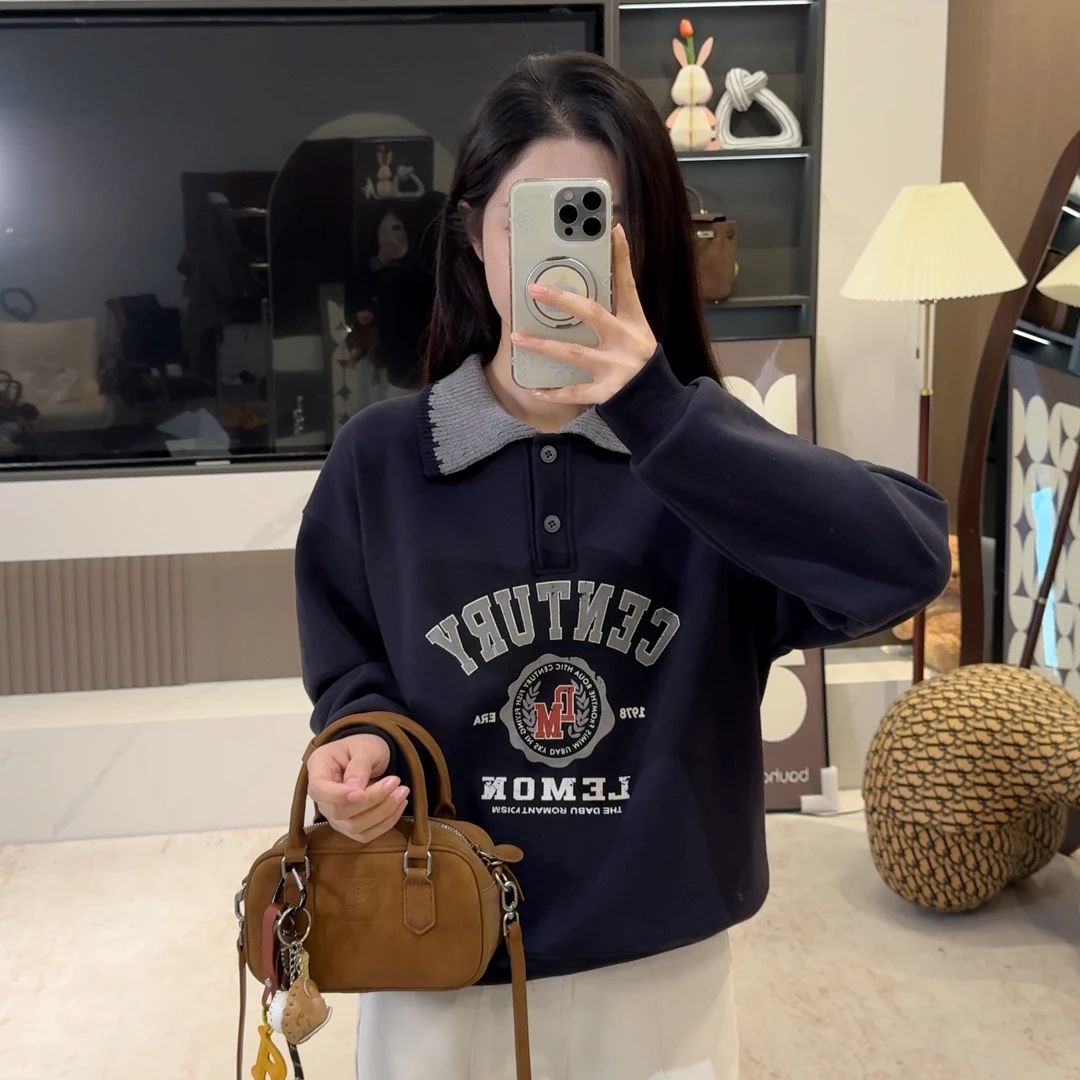 宿慕SUMU 韩系时尚拼接翻领加绒卫衣11-4冬季新款字母上衣1633