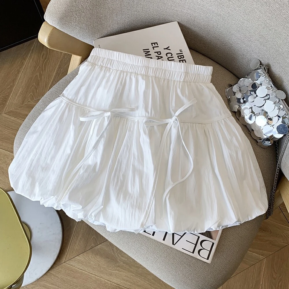白色半身裙女夏季高腰a字短裙蝴蝶结设计感蓬蓬裙花苞灯笼裙女A字