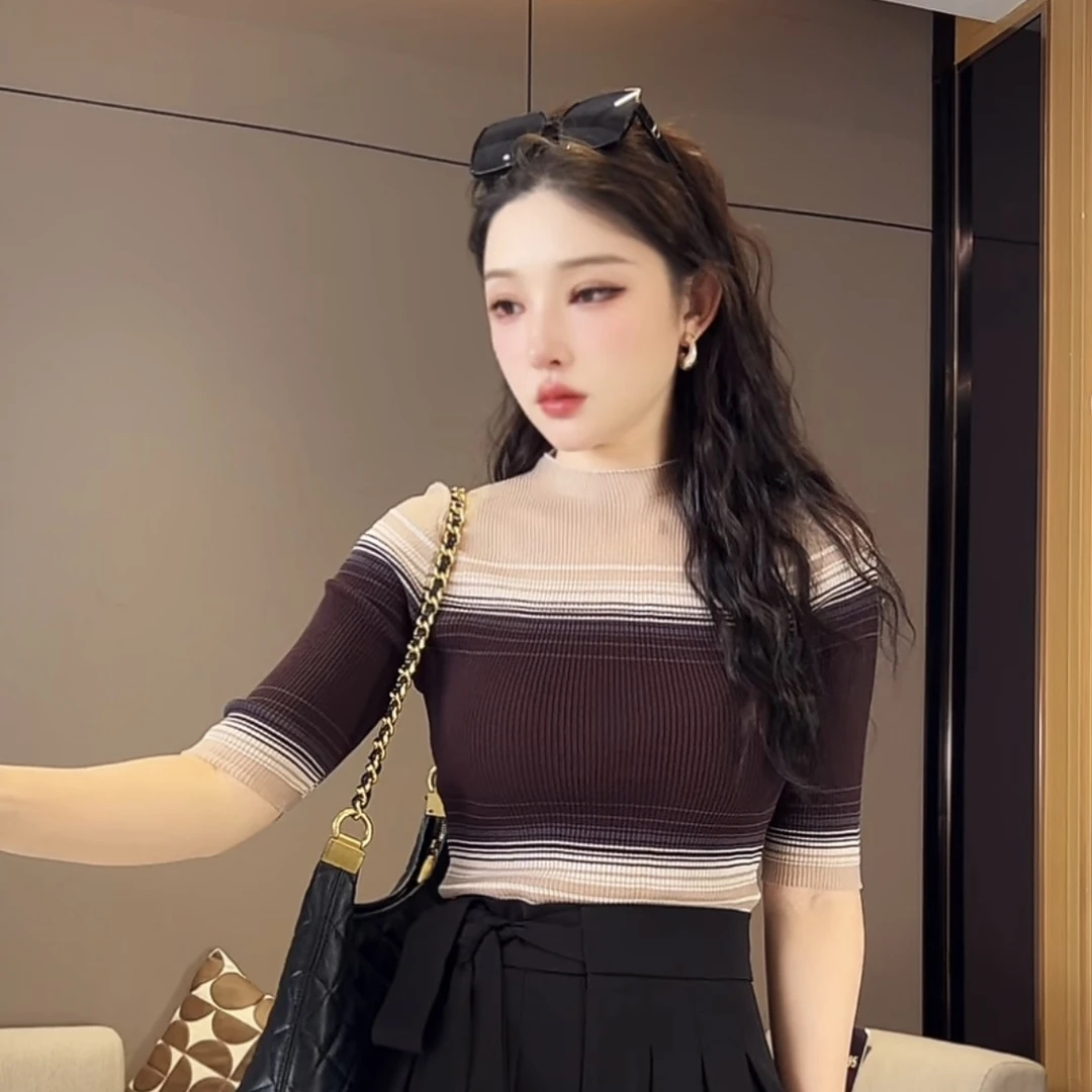 摩卡色拼接性感中袖针织女装薄款设计感常规百搭修身显瘦上衣女