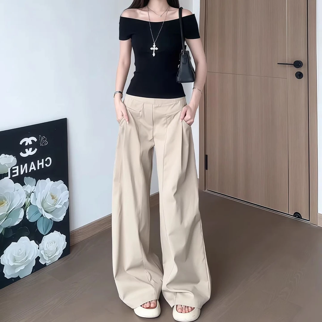 韩系垂感休闲裤女夏季薄款2025新款拼接高腰宽松设计感阔腿拖地裤