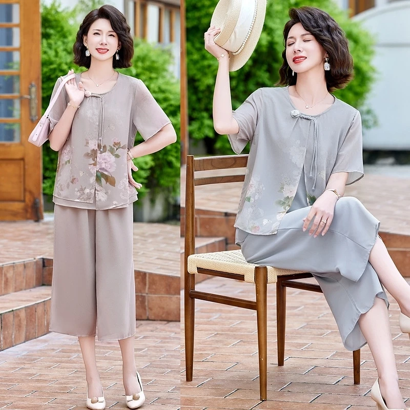 妈妈夏季薄款短袖阔腿裤两件套中老年女装透气宽松显瘦国风洋气50