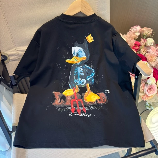 男大童黑色短袖T袖夏季圆领休闲时尚印花中性半袖薄款打底上衣