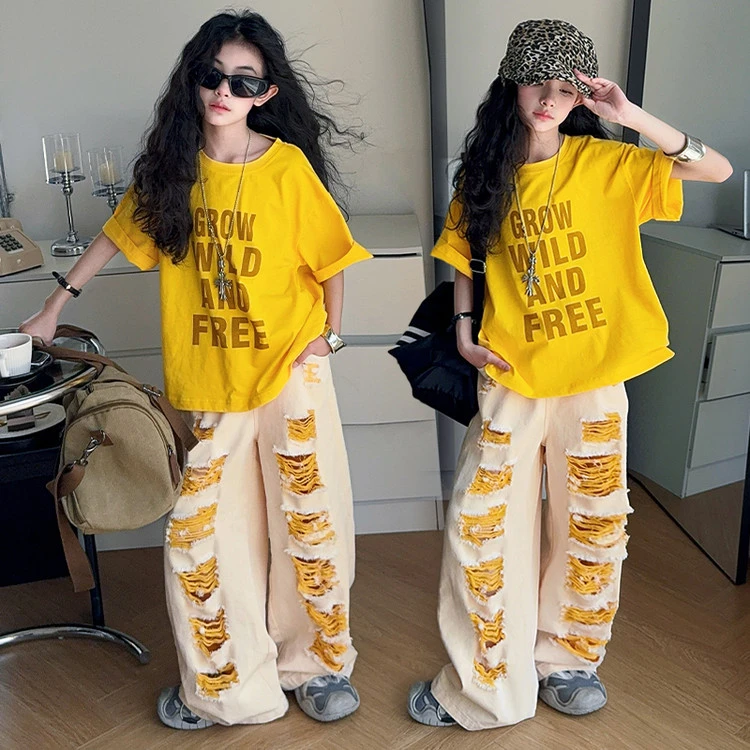 女童夏装套装2025新款儿童宽松t恤大童女孩夏季时髦破洞裤两件套