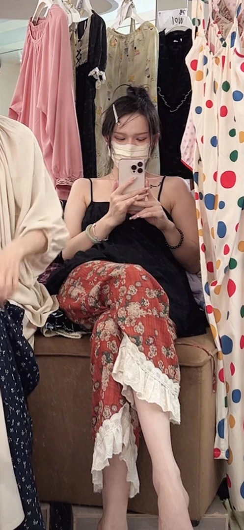 二小姐/薄款碎花印染夏季休闲裤时尚阔腿裤印花日系韩版宽松