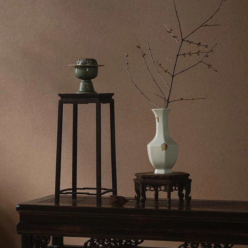 大相莲花 新中式花瓶底座 实木底托 花架 家居摆件工艺品展示架