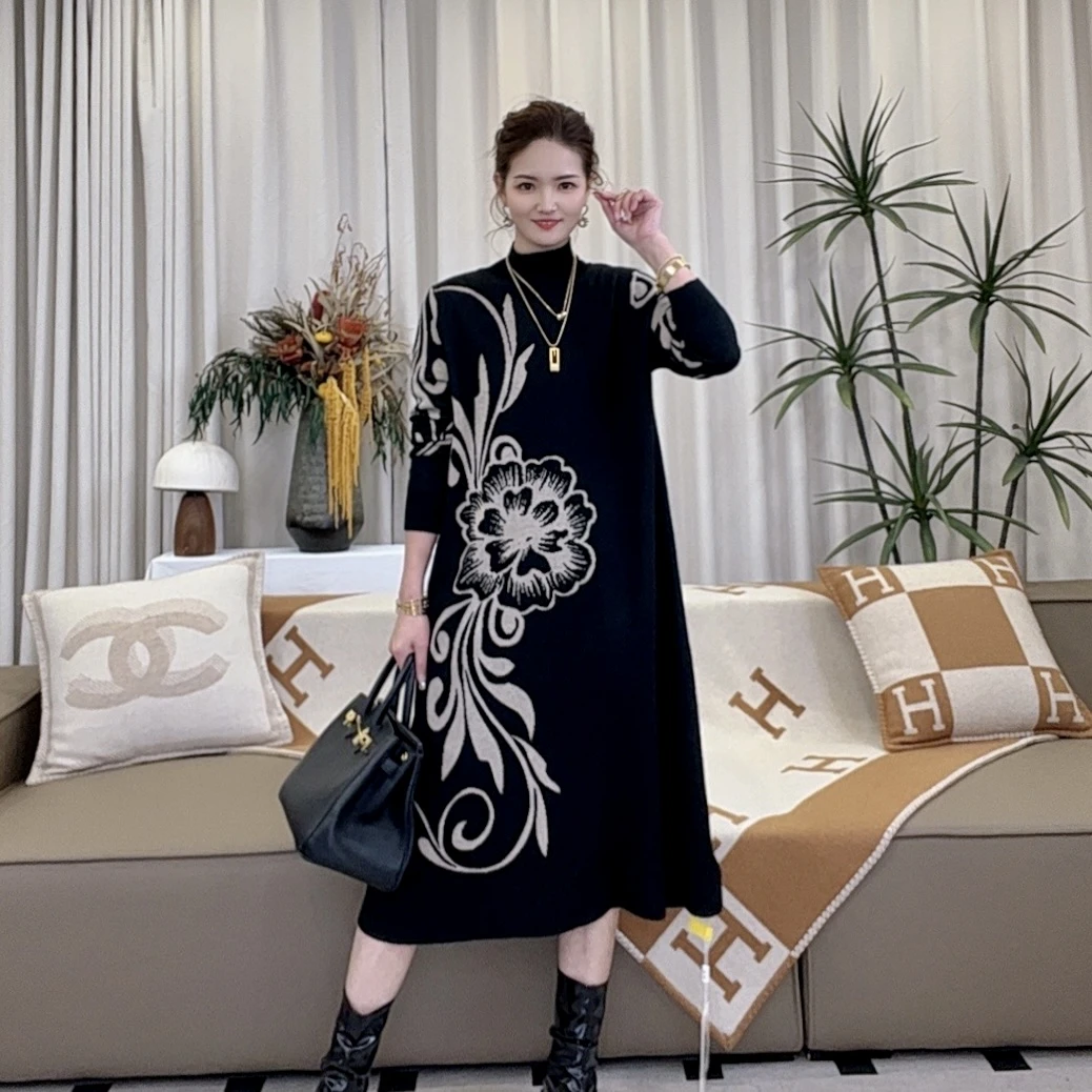 重磅[贝尔斯]高级宽松秋冬保暖妈妈时尚气质洋气毛衣连衣裙-1211#
