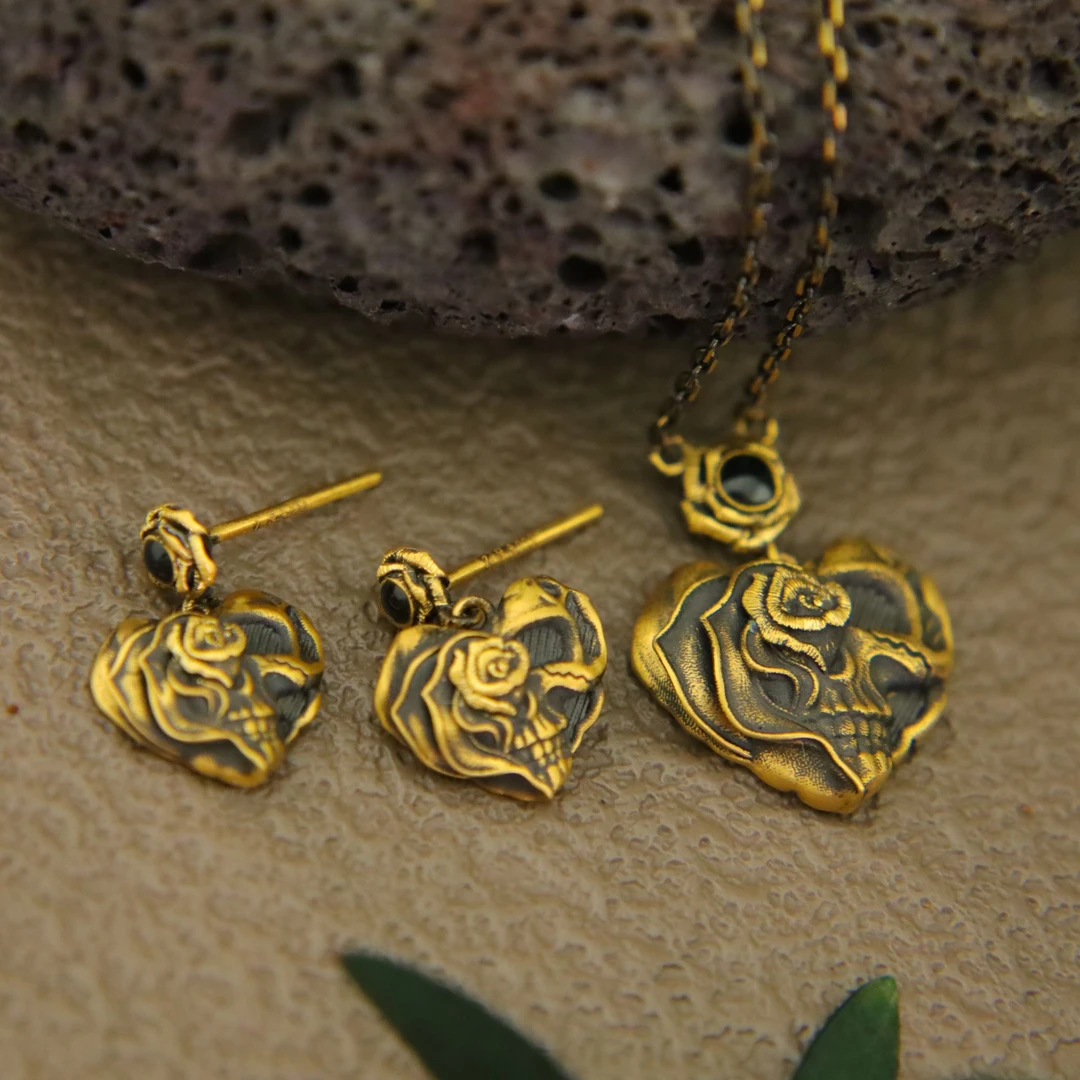 朝鸣黄金【花形酷髅】合集古法金黑金足金男女耳钉耳饰项链1149