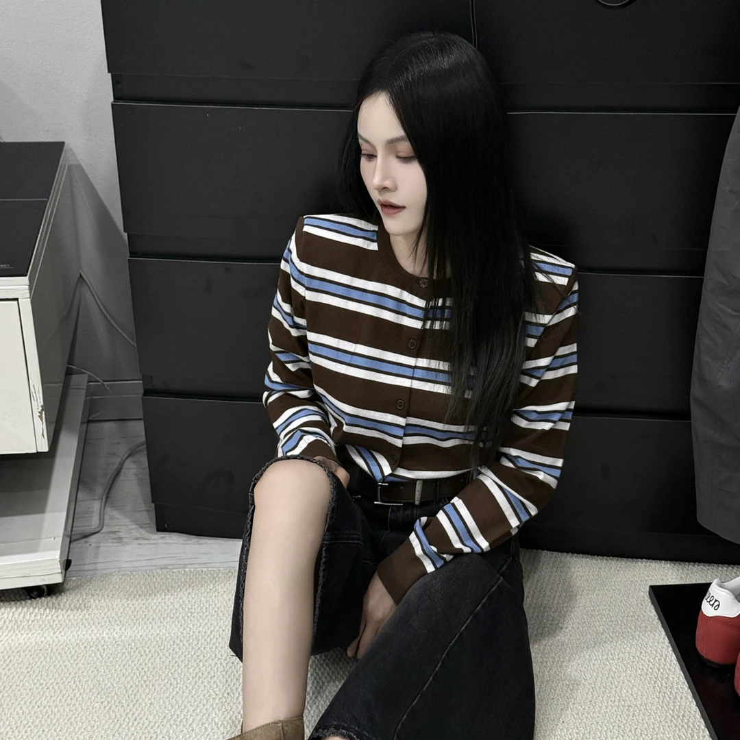 宽松型常规条纹长袖针织毛针织衫百搭套头打底衫休闲
