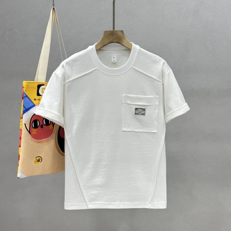 美式复古口袋设计短袖T恤男夏季圆领宽松纯色打底衫休闲体恤潮流