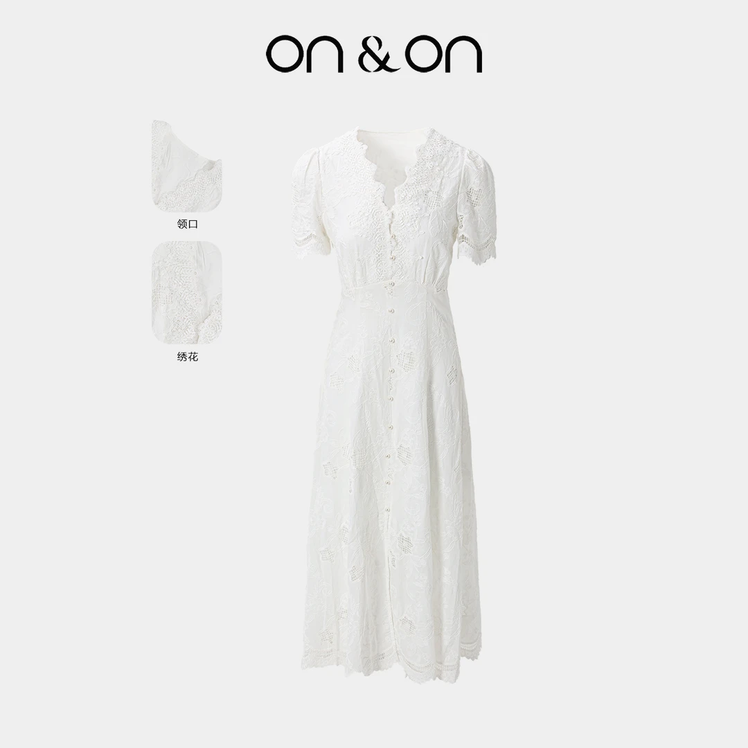 ON&ON/安乃安夏季法式V领蕾丝木耳边绣花收腰连衣裙-N5SW1640306