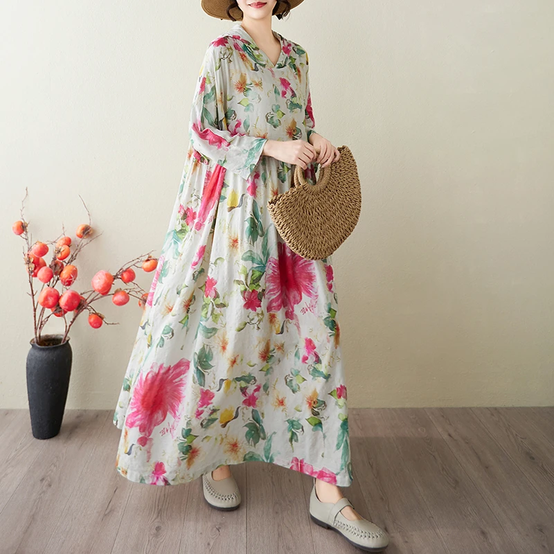 早秋新款法式温柔风连帽印花棉麻显瘦气质长裙女宽松大码连衣裙女
