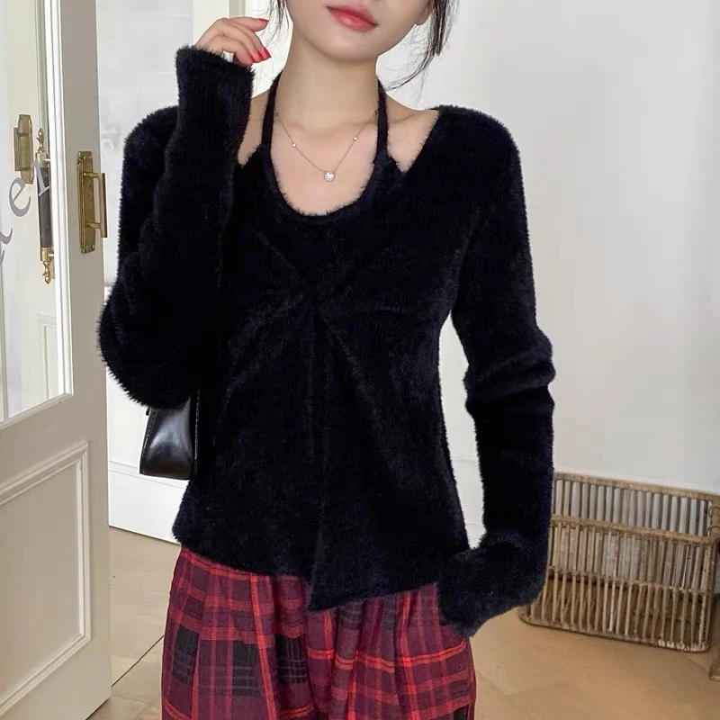 836 祺欣家 法式假两件挂脖短款小众设计高级感修身简约针织衫