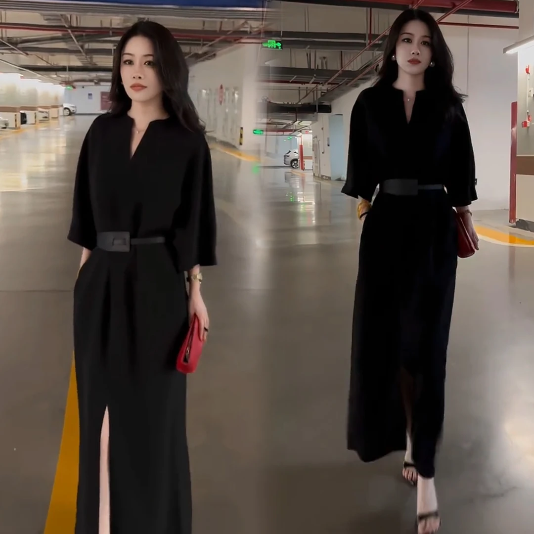 时尚连衣裙女2025秋季新款洋气收腰宽松显瘦减龄设计感中袖中长裙