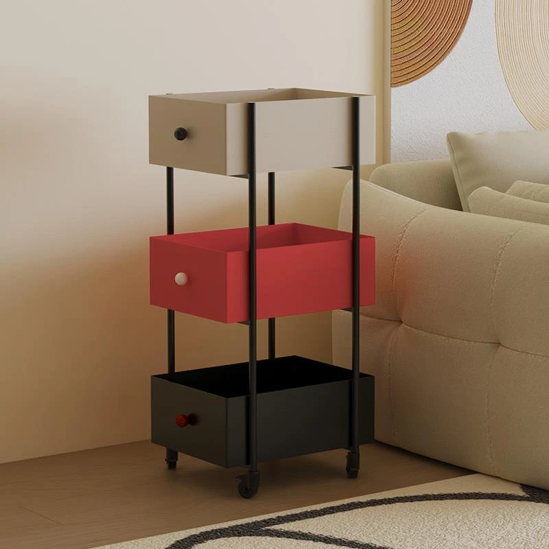 三色三层家用置物架卧室移动收纳书架中古零食小推车置物架高颜值
