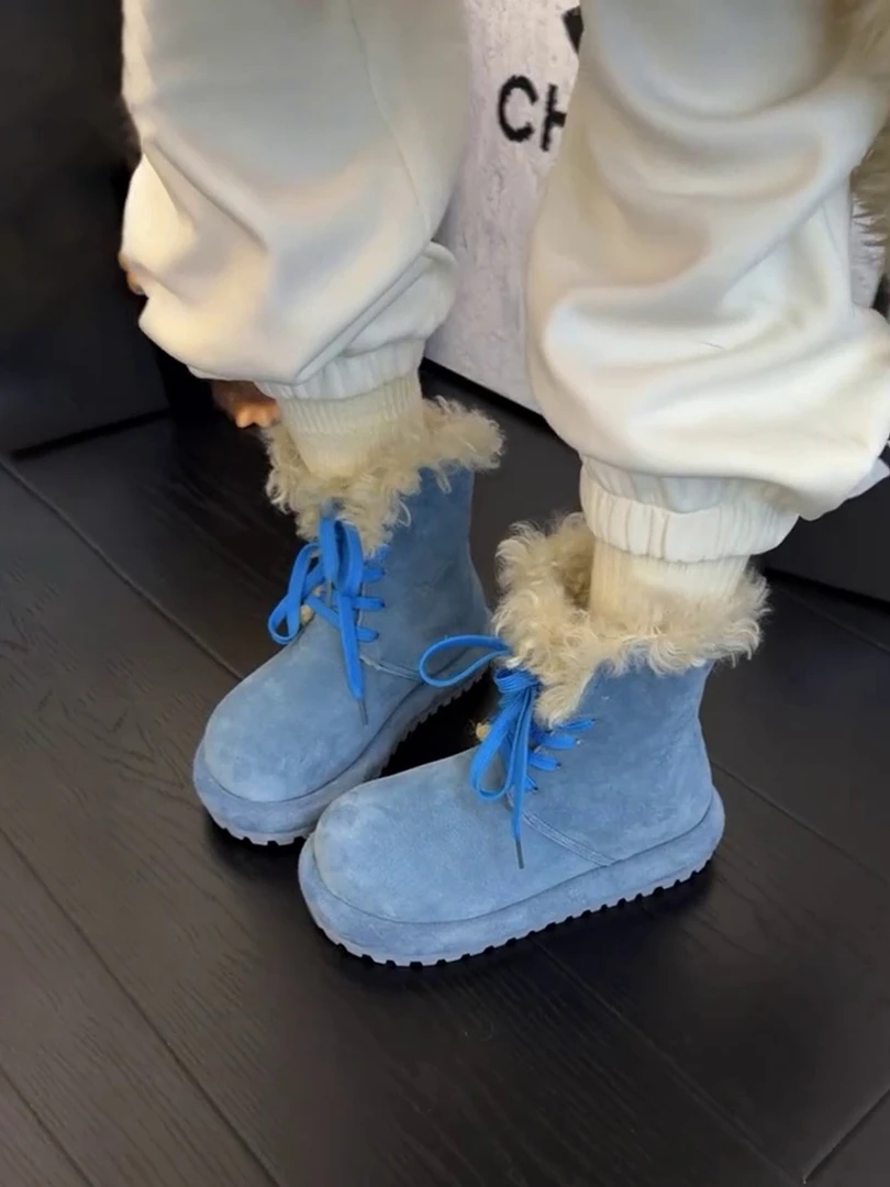 软皮版~厚底毛毛靴系带加绒马丁靴保暖圆头短靴百搭复古雪地靴女