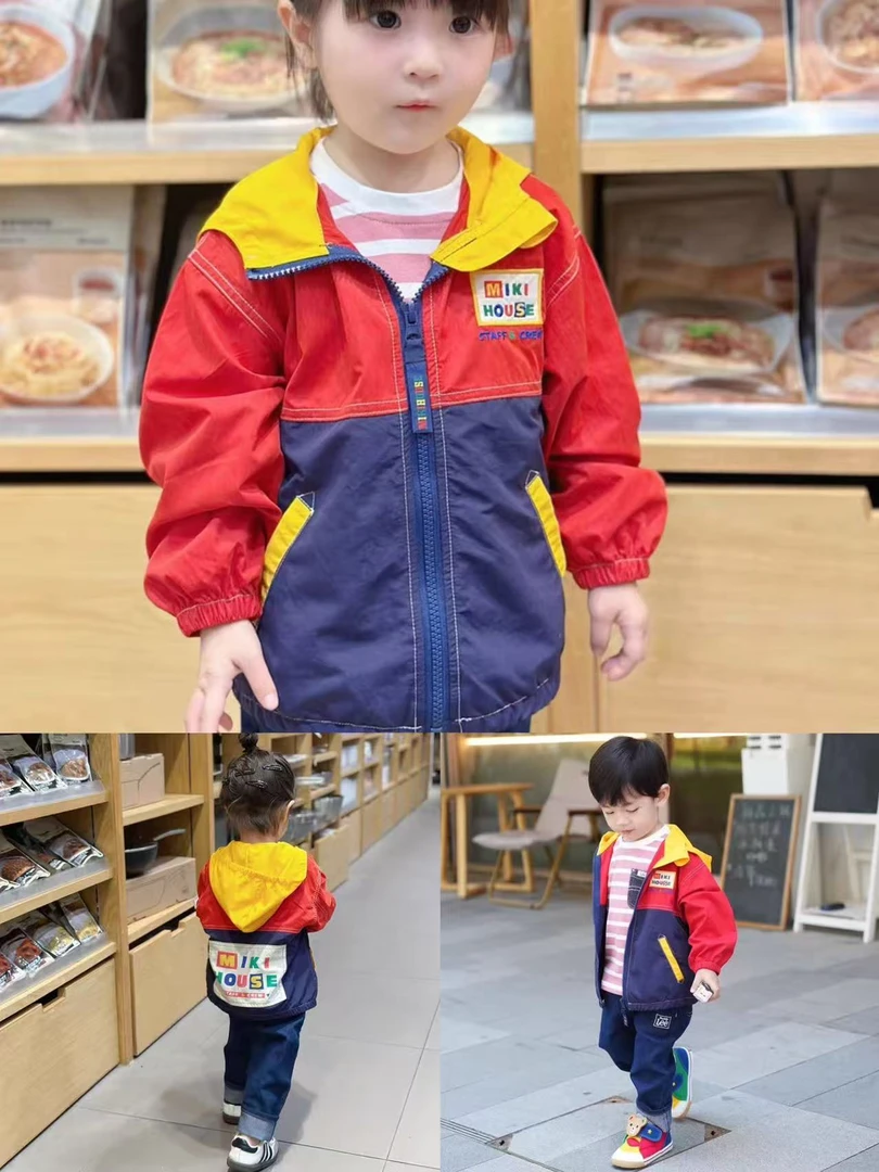 秋新款miki撞色接拼夏装冲锋衣男女童防风风衣拼接连帽外套36145