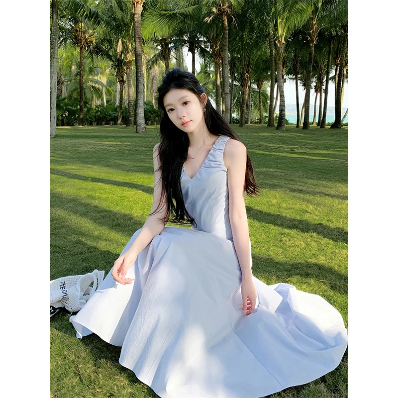 梅子熟了 海边度假风V领无袖收腰连衣裙女褶皱宽肩带实穿背心裙