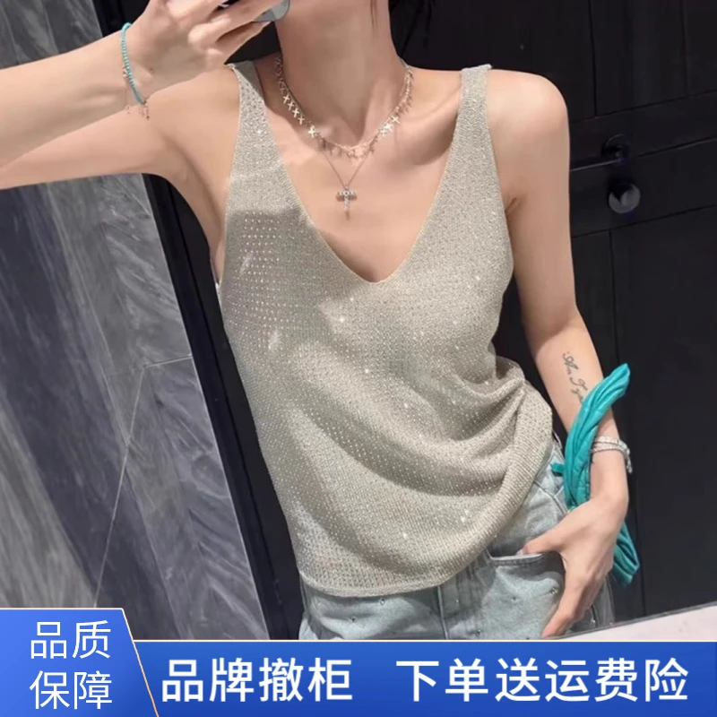【Y衣库品牌撤柜】设计感小众V领亮片无袖背心女2025春季新款【现货】