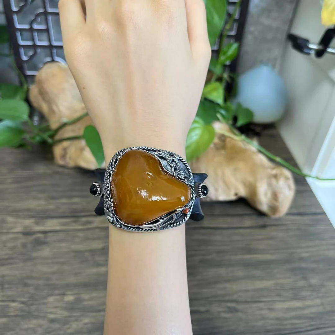 LYliuyng海漂大原石琥珀蜜蜡牛皮手镯精工银镶品质独特蜜蜡镯子