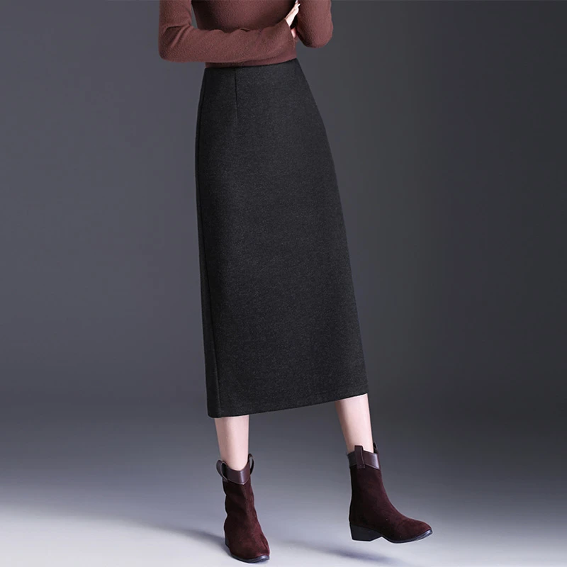 加厚羊毛呢半身裙直筒包臀裙修身显瘦女裙子秋冬今年流行开叉长裙