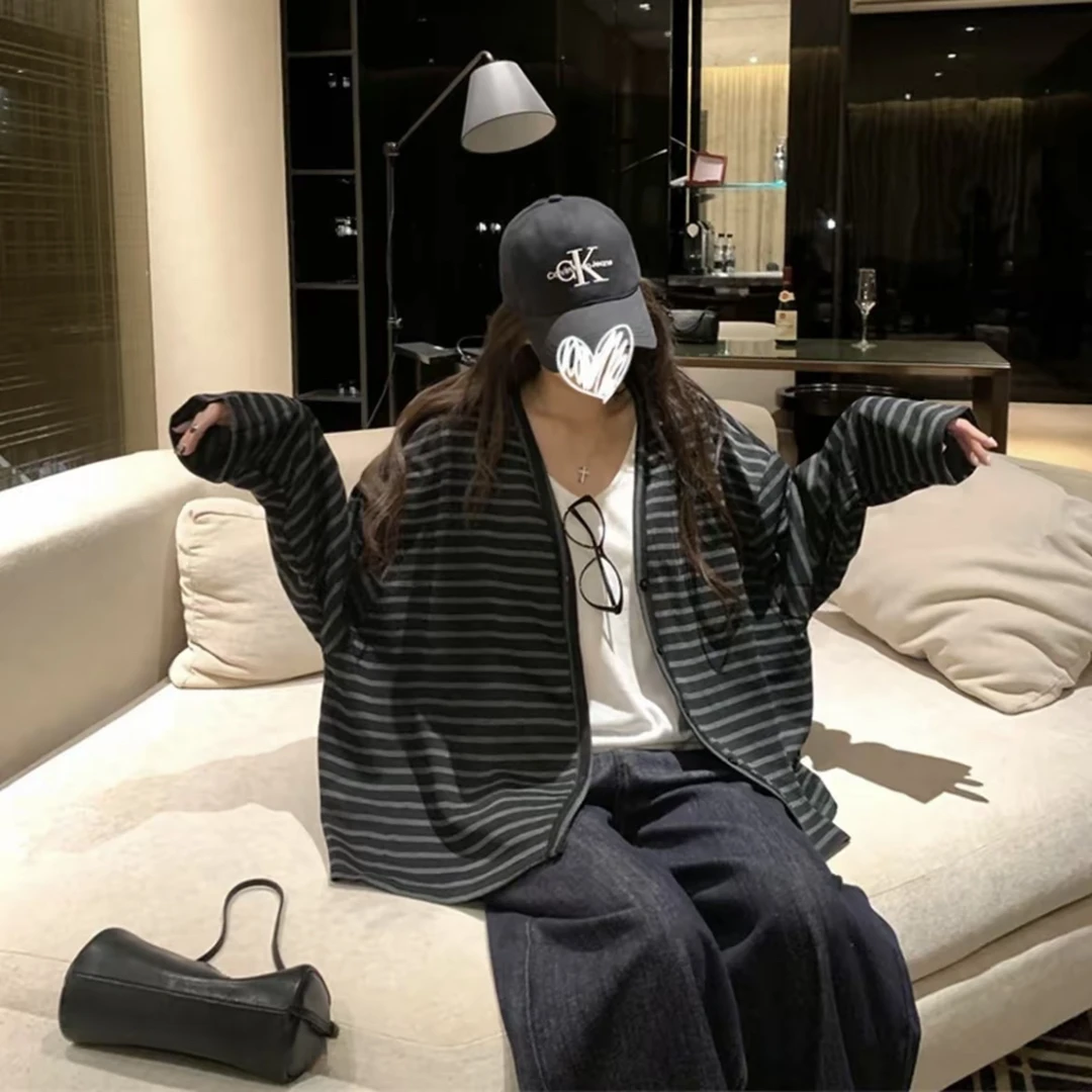 韩版休闲慵懒风简约百搭条纹v领开衫外套女长袖韩系休闲显瘦上衣