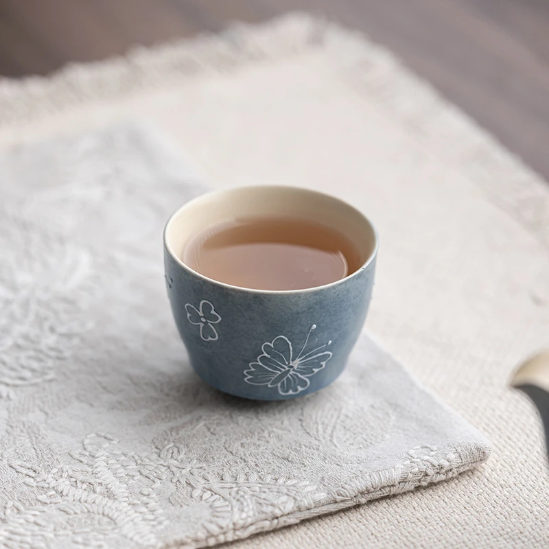 蝴蝶蓝色大容量茶杯家用功夫茶具品茗主人杯