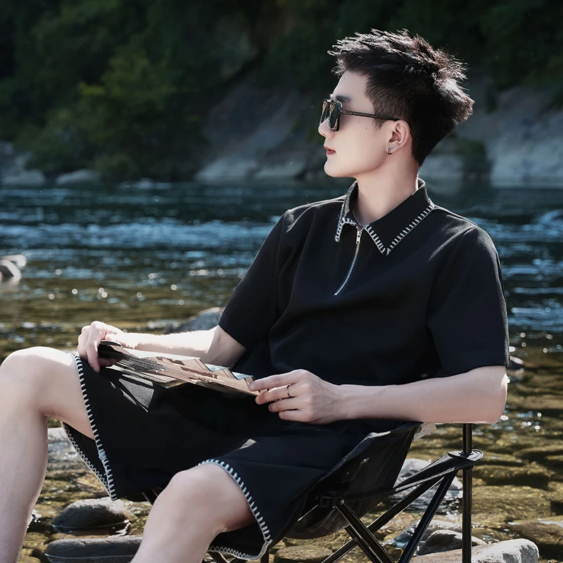 高级感明线装饰男士套装夏季新款时尚潮牌搭配短袖POLO衫短裤一套