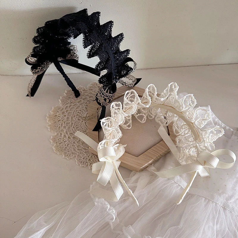 新款复古萝莉风褶皱蕾丝儿童女宝可爱发箍头扣发饰头饰配饰黑色