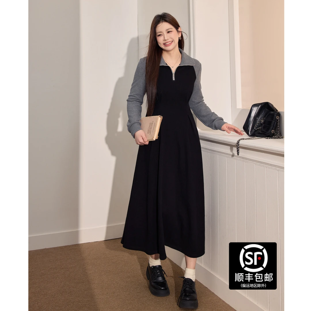 蓝语大码女装气质休闲拼接打底连衣裙2025冬季收腰显瘦Polo领长裙