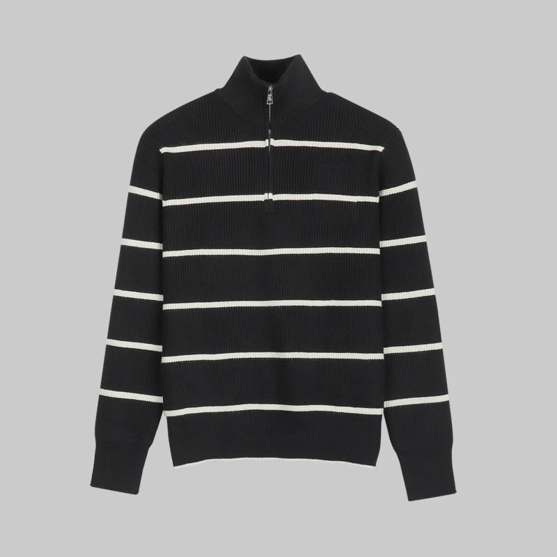 (静版)黑白条纹半拉链毛衣