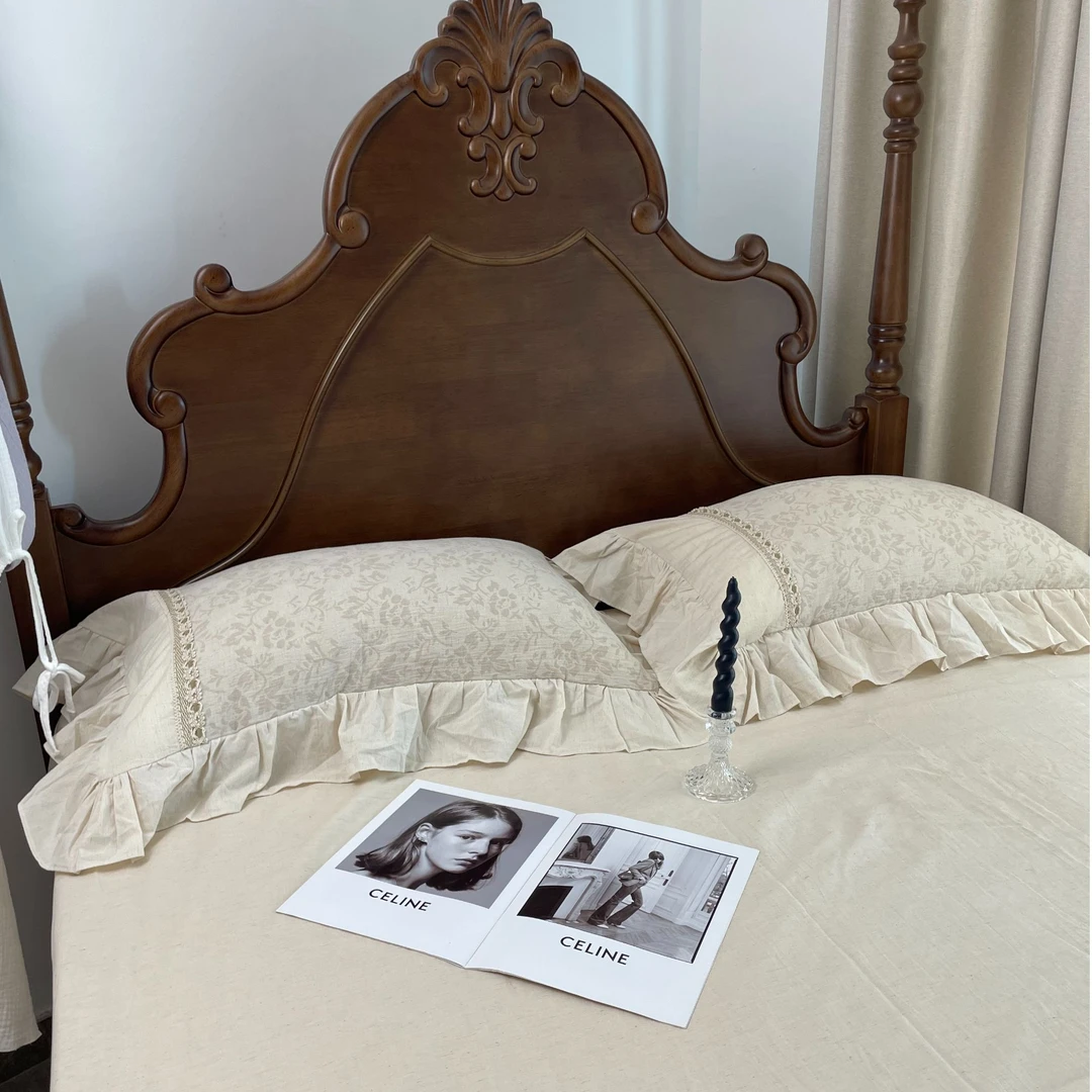 漫漫 法式棉麻枕套床单三件套花边提花欧式