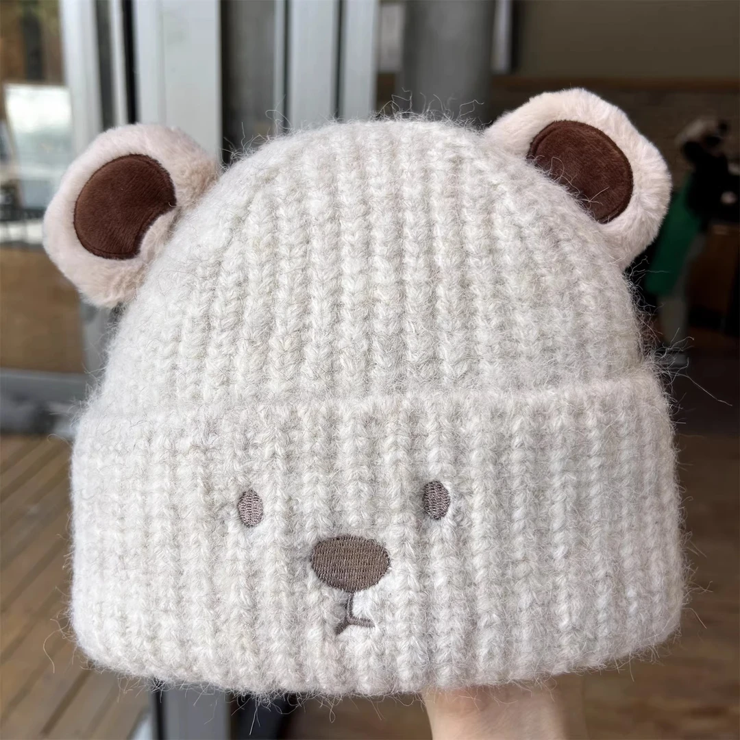 新款可爱小熊耳朵显脸小毛线帽子女秋冬保暖个性针织帽网红冷帽