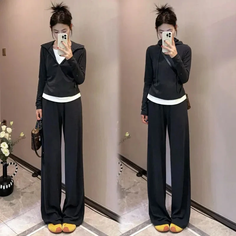 时尚休闲套装女2025秋季新款时髦洋气假两件连帽上衣阔腿裤两件套