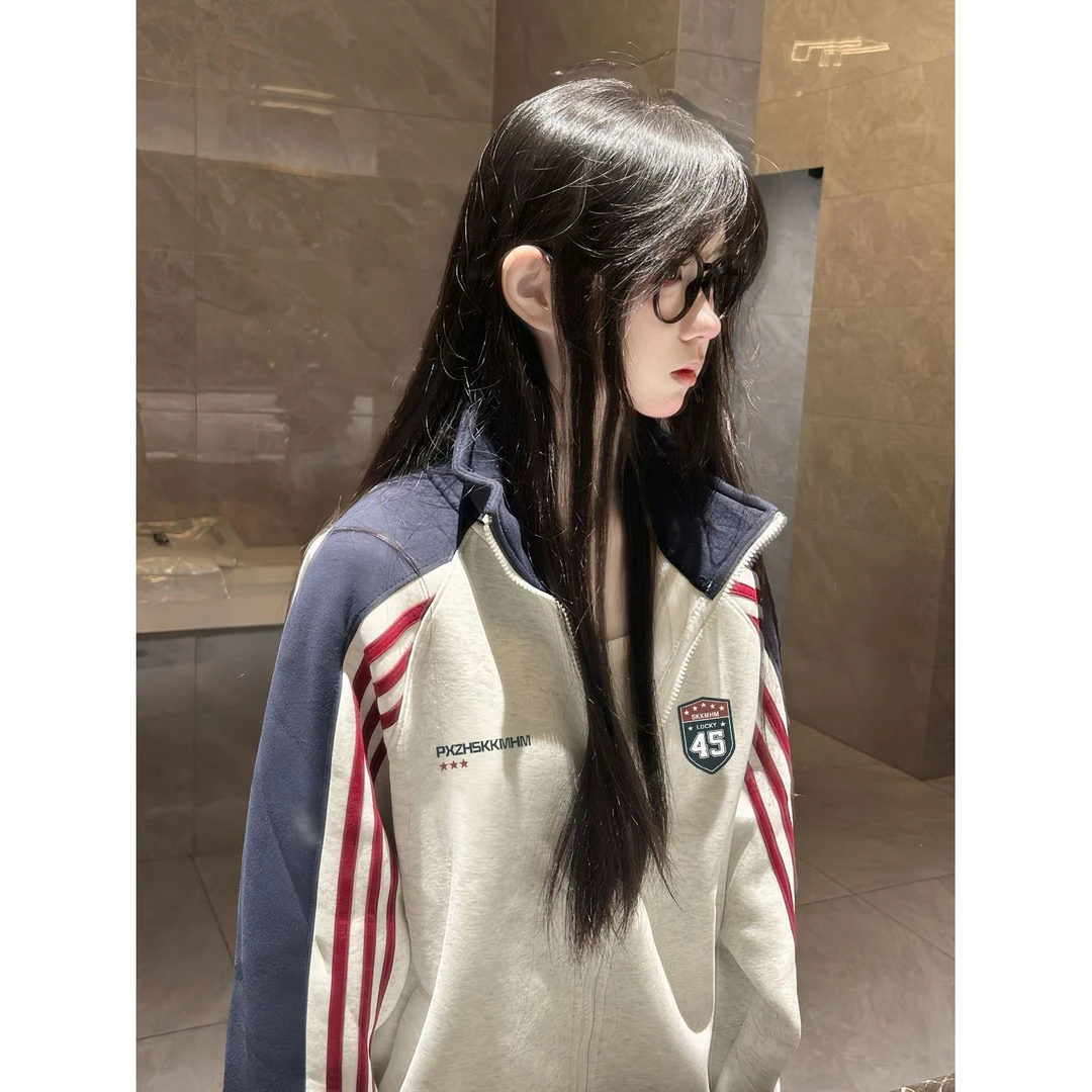 美式拉链立领条纹开衫秋季薄款情侣运动卫衣字母宽松秋冬文艺复古