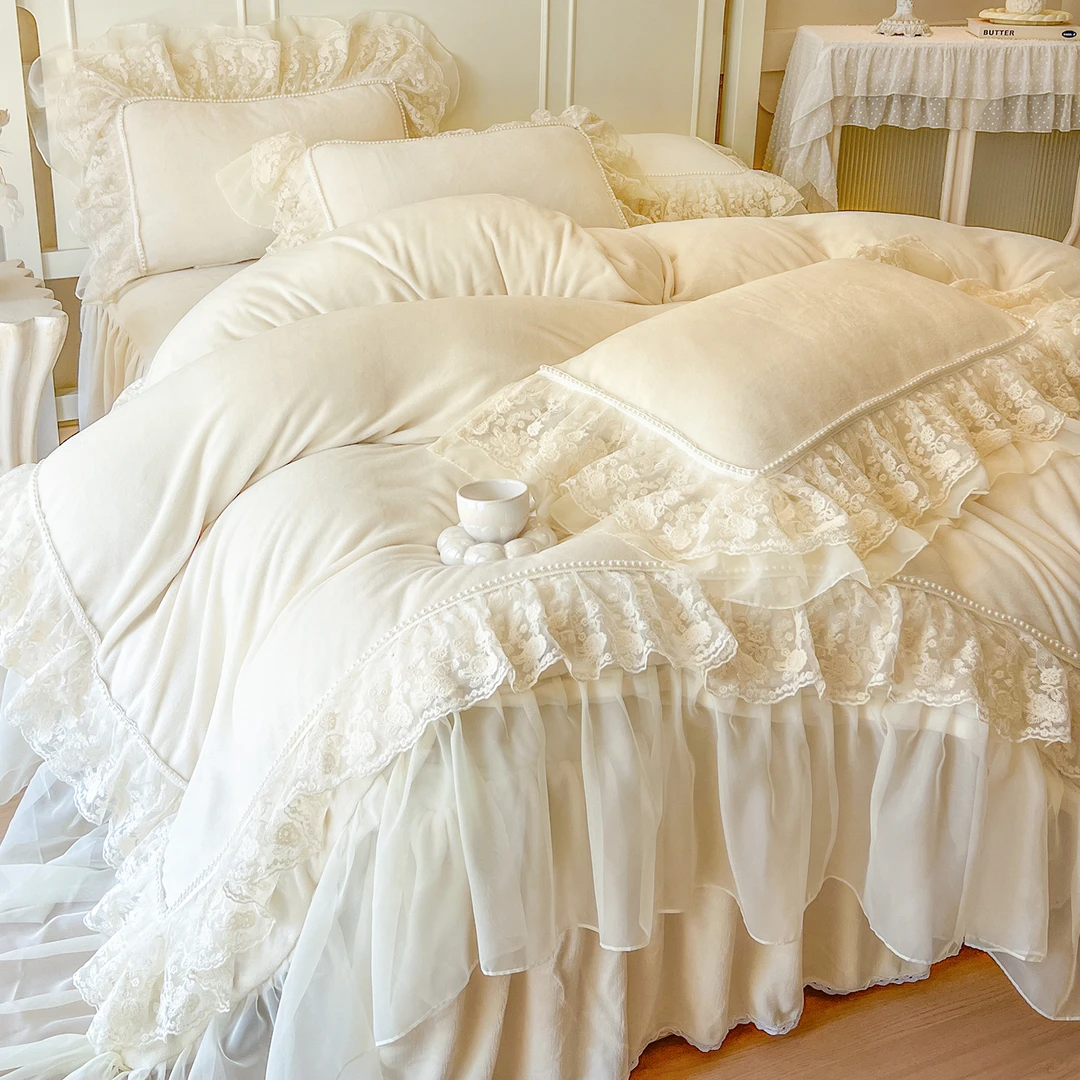 轻法式床裙款牛奶绒床上四件套公主风蕾丝被套加厚珊瑚绒仙女床品