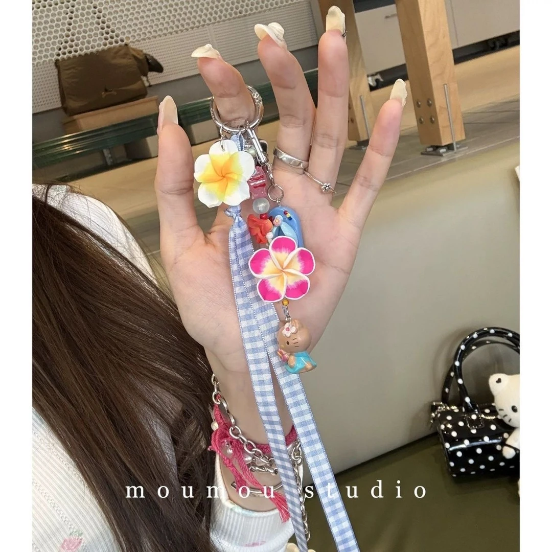 辣妹海滩黑皮kitty花朵拖鞋包挂手机壳挂件钥匙扣装饰太阳花创意
