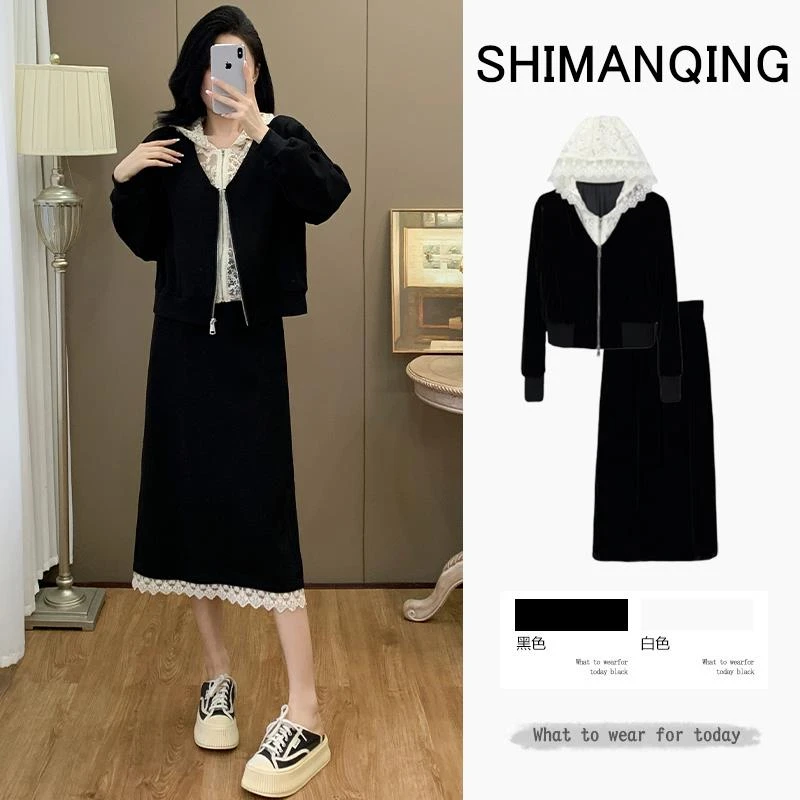 大码女装春装搭配一整套胖mm显瘦遮肚高级感炸街卫衣连衣裙套装裙