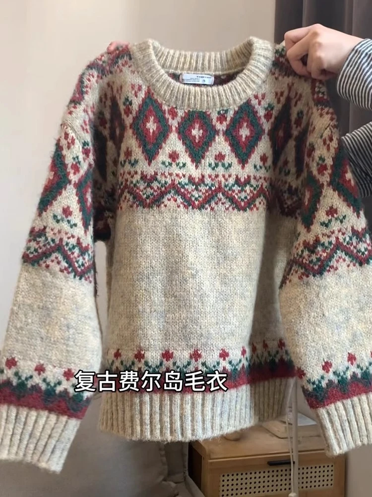 复古新年穿搭费尔岛提花圆领毛衣女秋冬季加厚设计感外搭针织上衣
