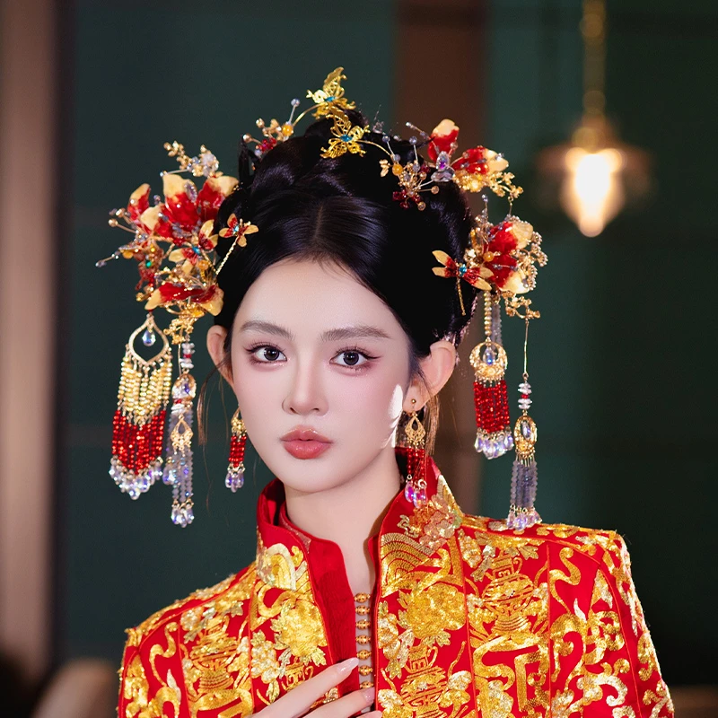 合金婚庆饰品 中式新娘秀禾头饰金红色流苏复古传统手工发饰G0339