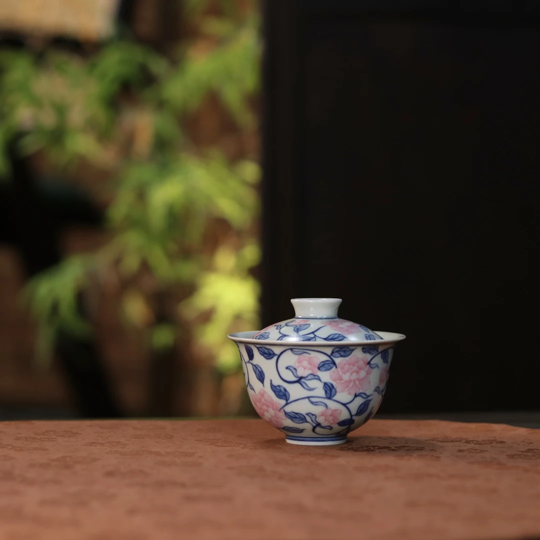 望野生香 景德镇手绘青花斗彩千叶牡丹盖碗 茶道茶具 120cc