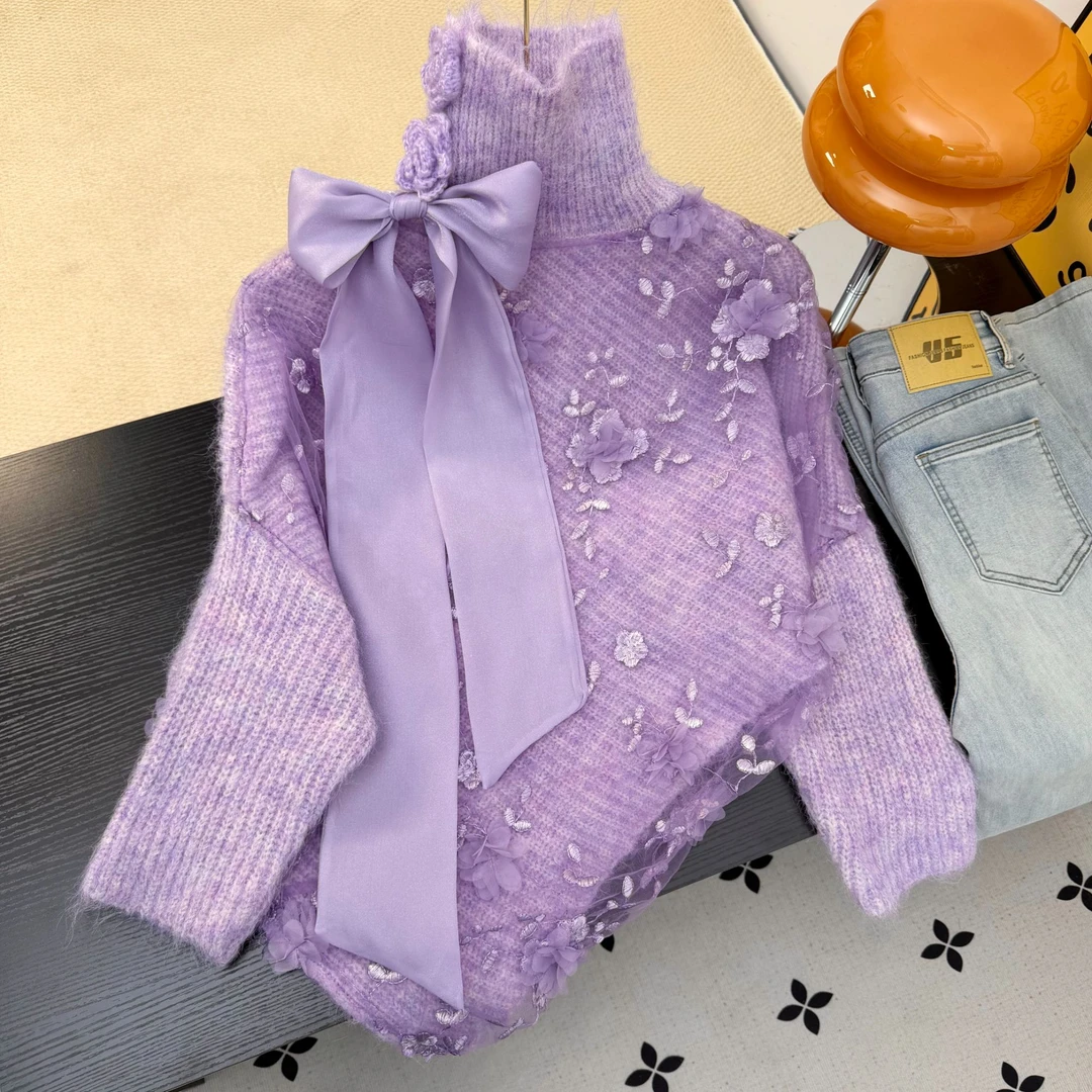 甜美温柔风蝴蝶结系带长袖毛衣女秋冬宽松不规则针织上衣MYTT067