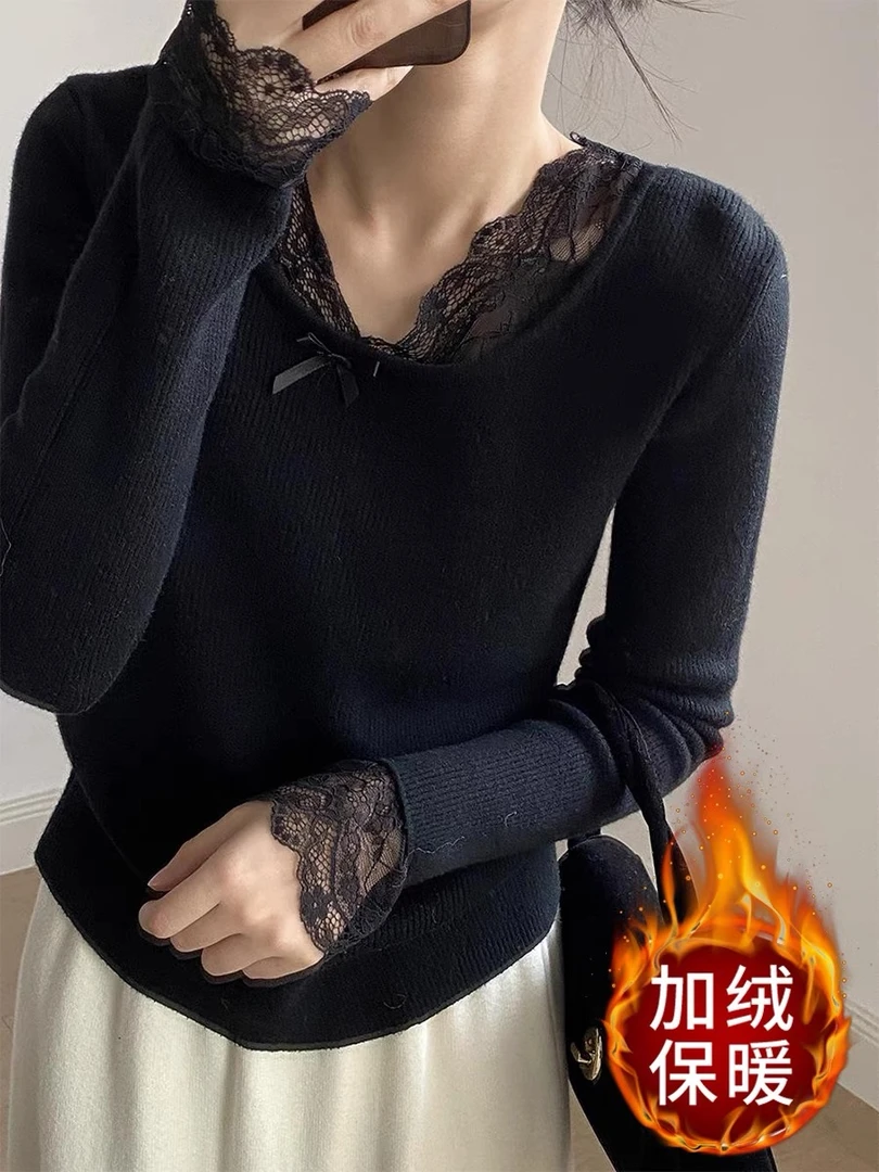 041-1-CQ黑色加绒蕾丝边针织上衣（80-135）