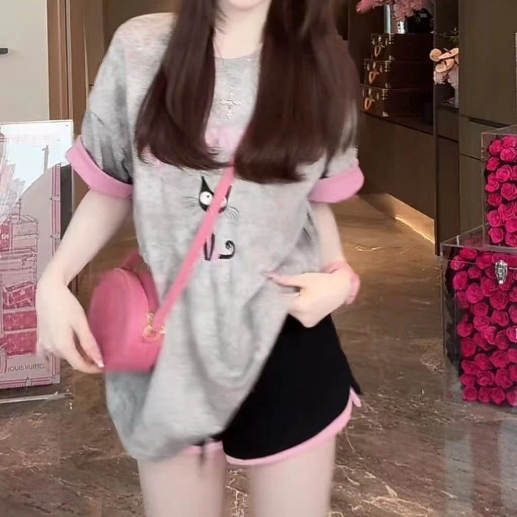 设计感少女风时尚宽松显瘦短袖女2025夏季新款卡通百搭减龄上衣