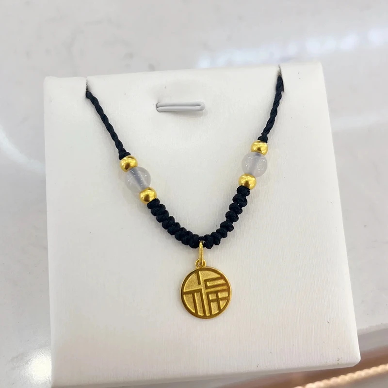 铜合金项链 黑绳编织小福牌项链女福字锁骨链轻奢高级感百搭配饰