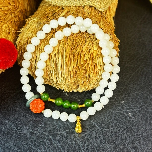 【汉韵轩珠宝】天然和田玉羊脂级18K金双圈手串SL5018约6mm