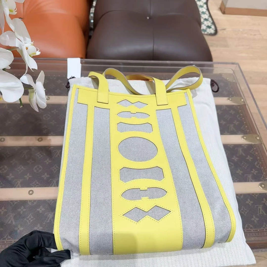 99新 Hermes/爱马仕 petit H 捕梦网托特包 柠檬黄 帆布拼皮