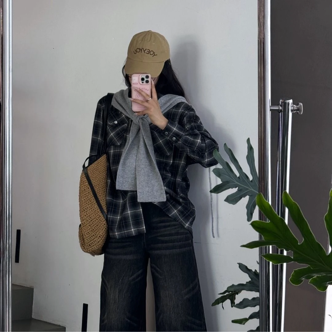 AVVENN｜假两件连帽格子长袖衬衫宽松时尚复古气质黑色上衣