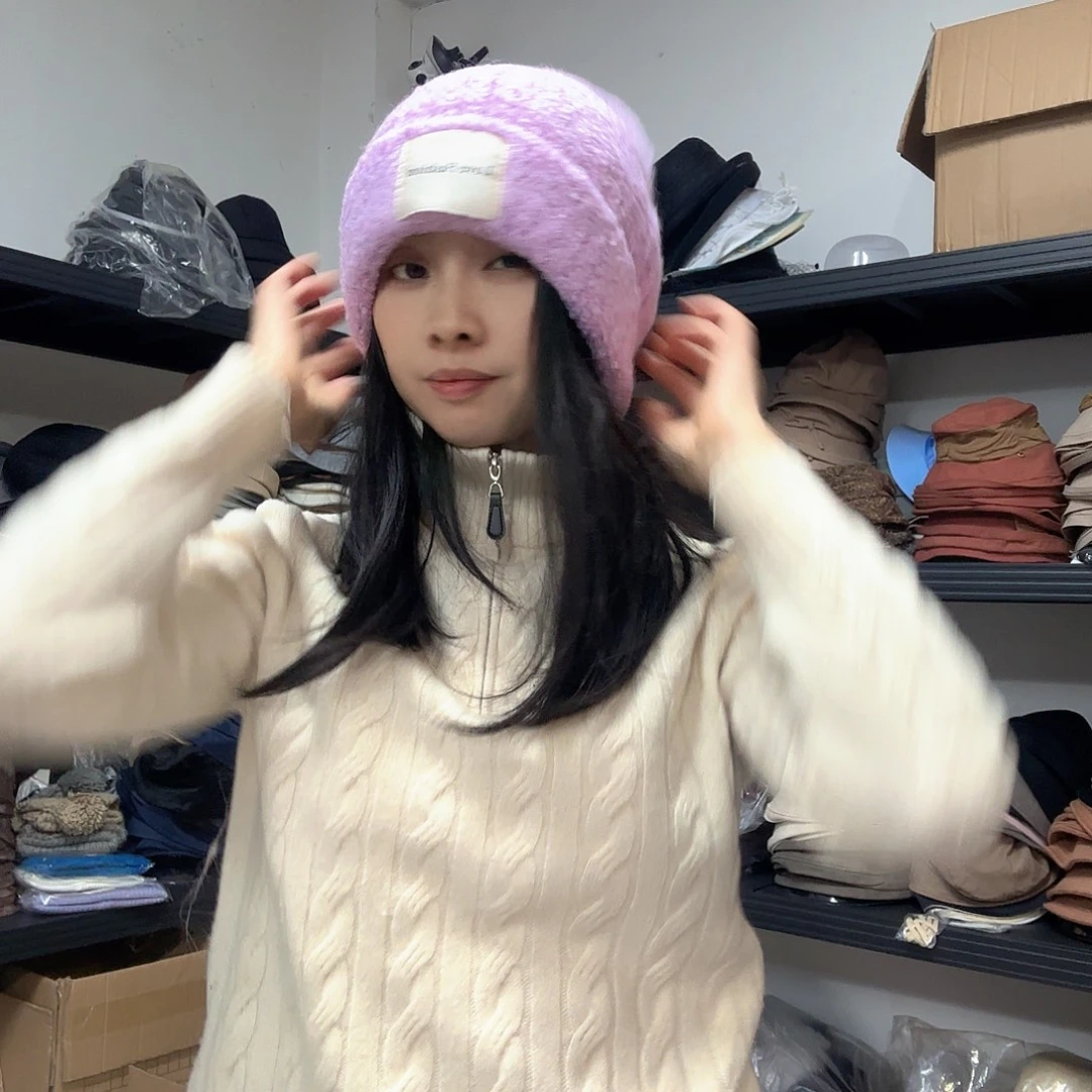 纯棉粉紫色毛线帽